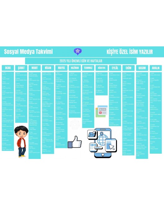 2025 Kişiye Özel Sosyal Medya Takvimi - Özel Günlerle Dolu Eğlenceli Duvar Afişi Açık Mavi