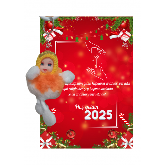 Yeni Yıl 2025 Kart Üzerinde Anahtarlık (Kişiye Özel Yazı Yazdırılabilir) Peluş Bebek