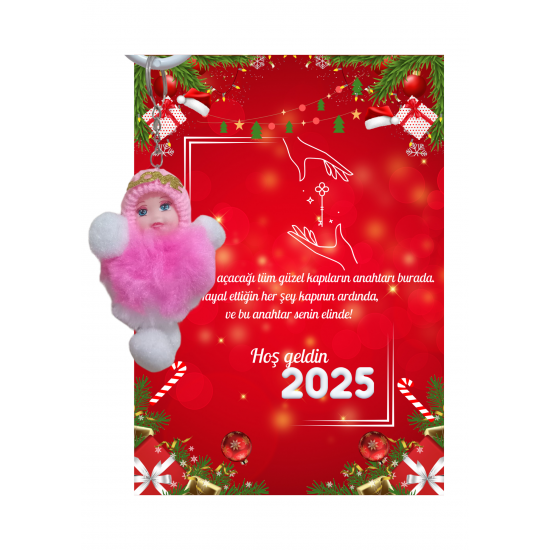 Yeni Yıl 2025 Kart Üzerinde Anahtarlık (Kişiye Özel Yazı Yazdırılabilir) Peluş Bebek