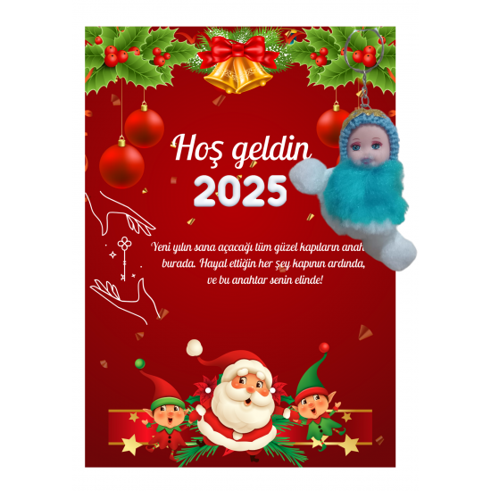 Yeni Yıl Noel Baba Kart Üzerinde Anahtarlık (Kişiye Özel Yazı Yazdırılabilir) Peluş Bebek 5 adet