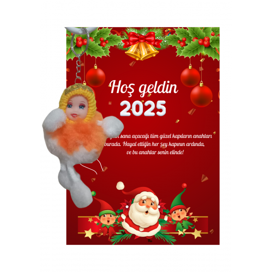 Yeni Yıl Noel Baba Kart Üzerinde Anahtarlık (Kişiye Özel Yazı Yazdırılabilir) Peluş Bebek