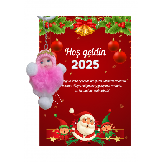 Yeni Yıl Noel Baba Kart Üzerinde Anahtarlık (Kişiye Özel Yazı Yazdırılabilir) Peluş Bebek 5 adet