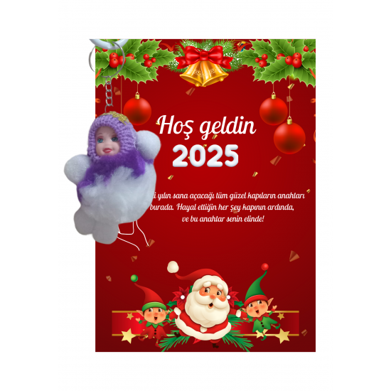 Yeni Yıl Noel Baba Kart Üzerinde Anahtarlık (Kişiye Özel Yazı Yazdırılabilir) Peluş Bebek 5 adet