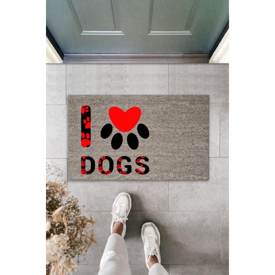 Dijital Baskı Gri Kırmızı Kalpli Patili I Love Dogs Dekoratif Kapı Paspası K-2076