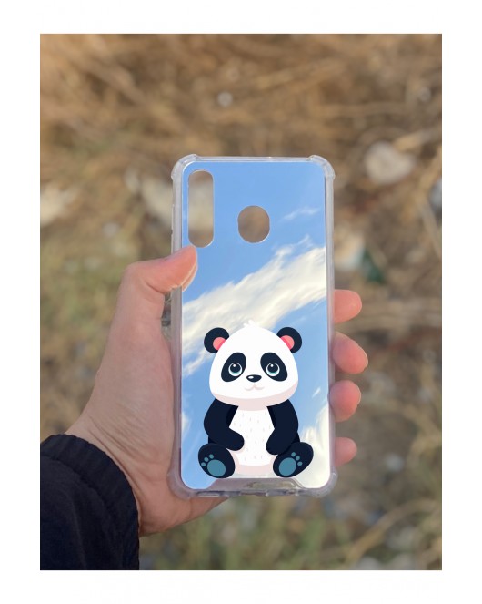 Samsung Galaxy A30 Uyumlu Aynalı Panda Desenli Darbe Kamera Korumalı Silikon Telefon Kılıfı