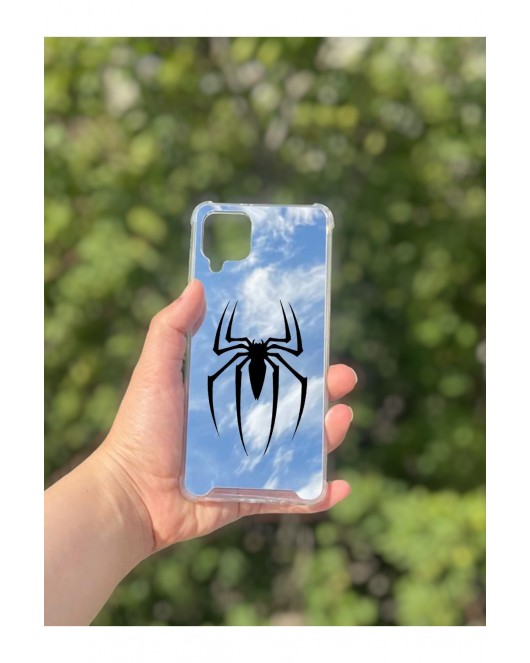 Samsung Galaxy A12 Uyumlu Aynalı Spider Desenli Darbe Kamera Korumalı Silikon Telefon Kılıfı