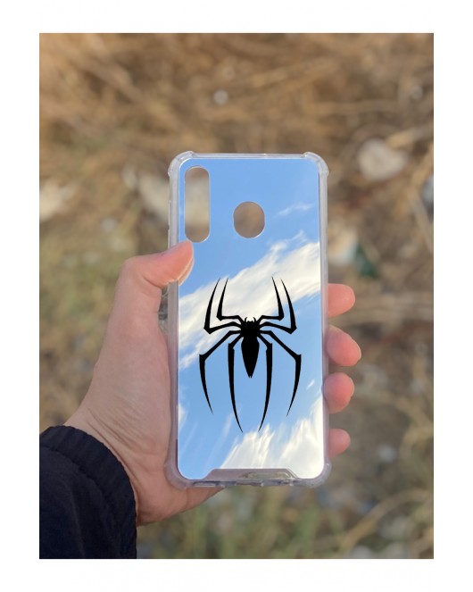 Samsung Galaxy A30 Uyumlu Aynalı Spider Desenli Darbe Kamera Korumalı Silikon Telefon Kılıfı