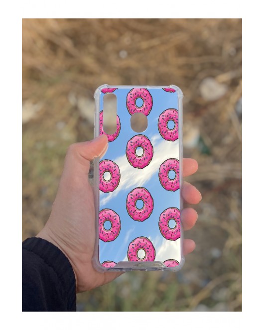 Samsung Galaxy A30 Uyumlu Aynalı Pembe Donut Desenli Darbe Kamera Korumalı Silikon Telefon Kılıfı