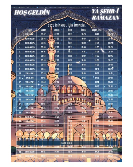 Ramazan İmsakiyesi Modern Kişiye Özel Tasarımlı Dijital Baskı 1 Adet A4 300 gr Model 11