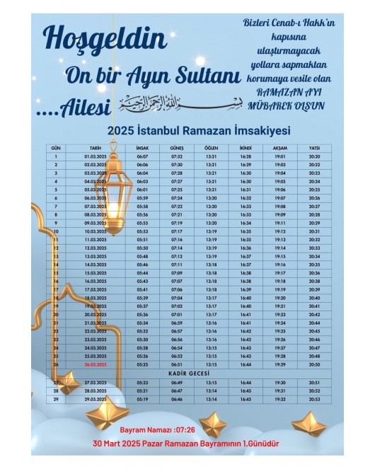 Ramazan İmsakiyesi Modern Kişiye Özel Tasarımlı Dijital Baskı 6 Adet A4 300 gr Model 18