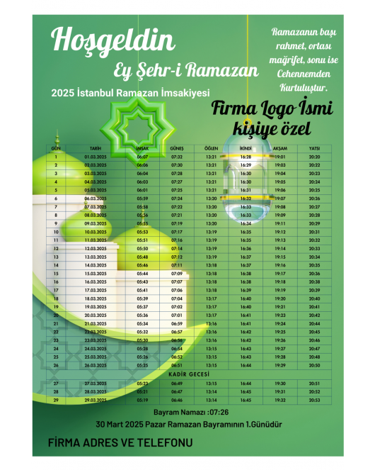 Ramazan İmsakiyesi Modern Kişiye Özel Tasarımlı Dijital Baskı 6 Adet A4 300 gr Model 19