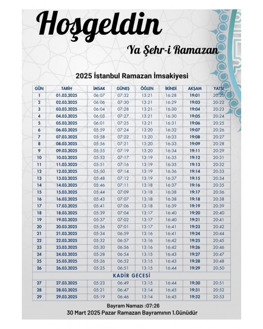 Ramazan İmsakiyesi Modern Kişiye Özel Tasarımlı Dijital Baskı 6 Adet A4 300 gr Model 21