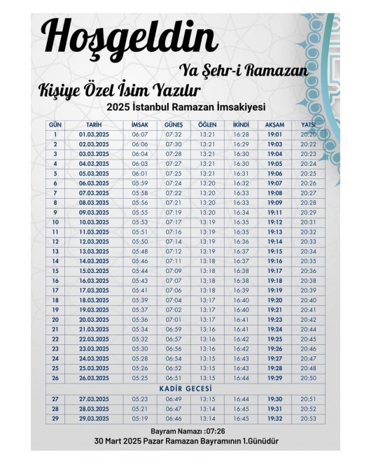 Ramazan İmsakiyesi Modern Kişiye Özel Tasarımlı Dijital Baskı 6 Adet A4 300 gr Model 22