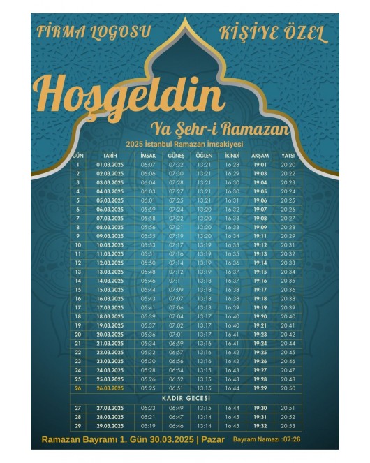 Ramazan İmsakiyesi Modern Kişiye Özel Tasarımlı Dijital Baskı 6 Adet A4 300 gr Model 25