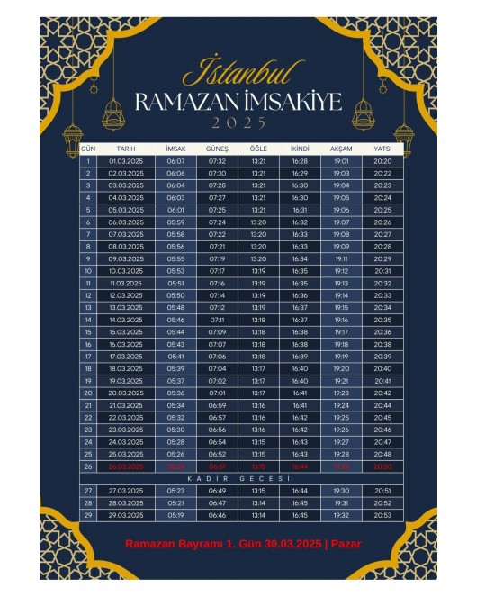 Ramazan İmsakiyesi Modern Kişiye Özel Tasarımlı Dijital Baskı 6 Adet A4 300 gr Model 26