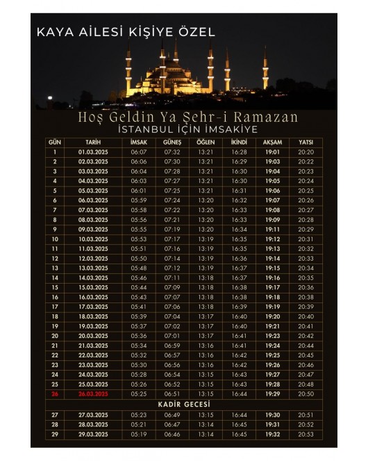 Ramazan İmsakiyesi Modern Kişiye Özel Tasarımlı Dijital Baskı 6 Adet A4 300 gr Model 28