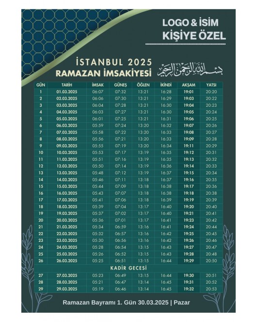 Ramazan İmsakiyesi Modern Kişiye Özel Tasarımlı Dijital Baskı 6 Adet A4 300 gr Model 29