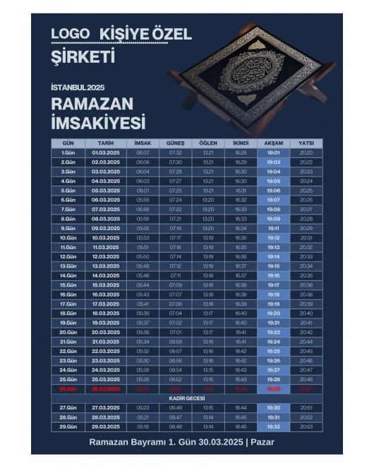 Ramazan İmsakiyesi Modern Kişiye Özel Tasarımlı Dijital Baskı 6 Adet A4 300 gr Model 30