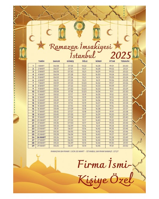 Ramazan İmsakiyesi Modern Kişiye Özel Tasarımlı Dijital Baskı 6 Adet A4 300 gr Model 37