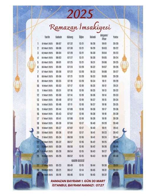 Ramazan İmsakiyesi Modern Kişiye Özel Tasarımlı Dijital Baskı 2 Adet A4 300 gr Model 38