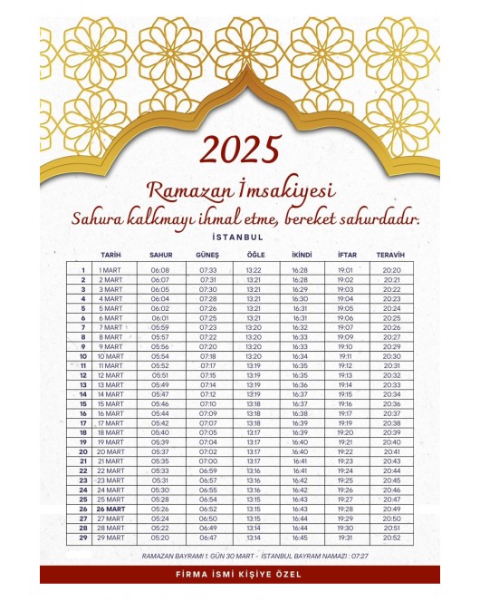 Ramazan İmsakiyesi Modern Kişiye Özel Tasarımlı Dijital Baskı 2 Adet A4 300 gr Model 39