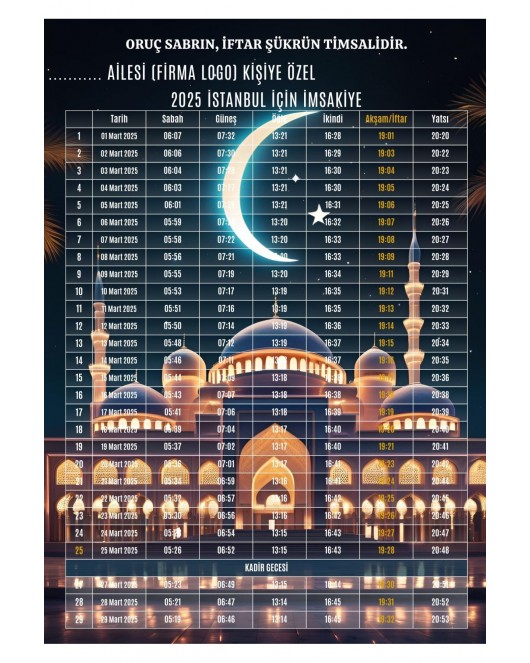 Ramazan İmsakiyesi Modern Kişiye Özel Tasarımlı Dijital Baskı 1 Adet A4 300 gr Model 8