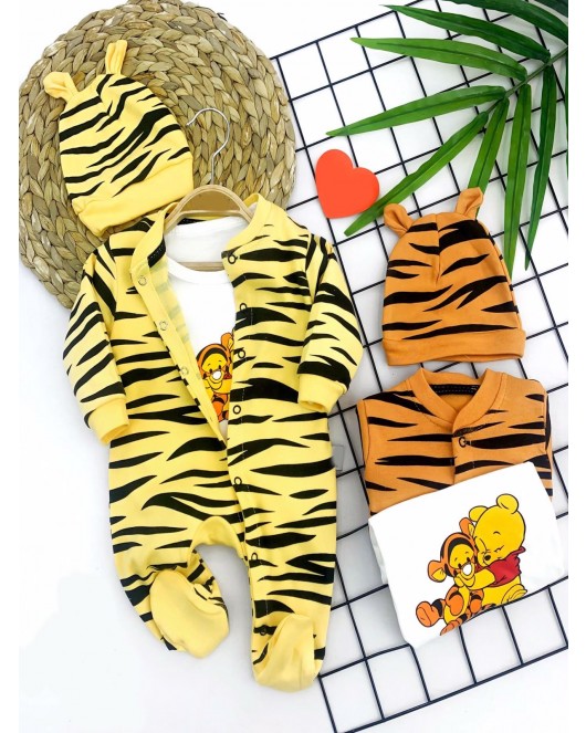 3-6-9-12 Ay Pooh Desenli Zebra Çizgili Şapkalı Sweatli 3lü Kız Erkek Bebek Tulumu(sarı)