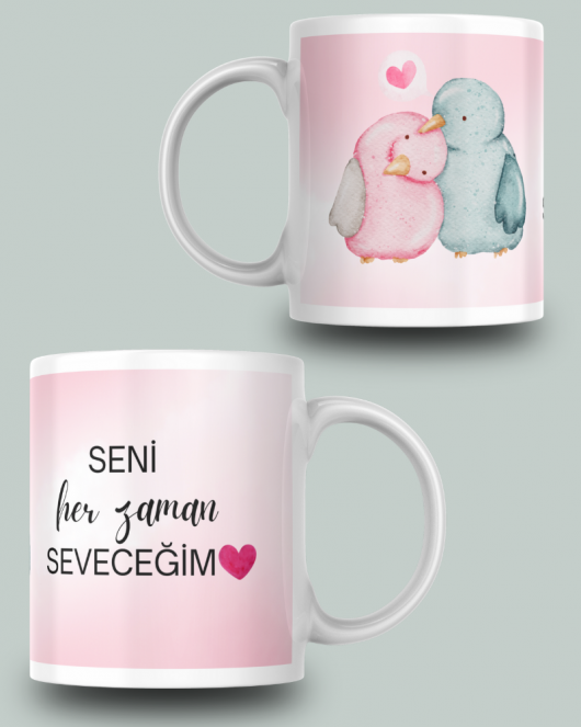 Kuş Desenli Aşk Mesajlı Yazılı Seramik 350 Ml Kupa Bardak