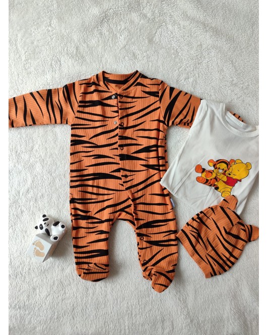 3-6-9-12 Ay Pooh Desenli Zebra Çizgili Şapkalı Sweatli 3lü Kız Erkek Bebek Tulumu (turuncu)