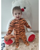 3-6-9-12 Ay Pooh Desenli Zebra Çizgili Şapkalı Sweatli 3lü Kız Erkek Bebek Tulumu (turuncu)