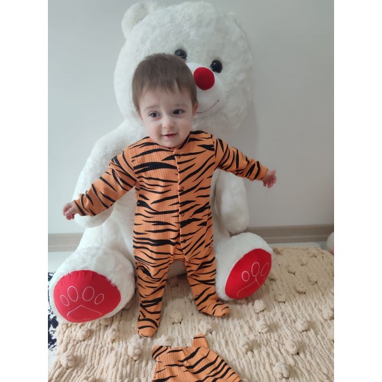 3-6-9-12 Ay Pooh Desenli Zebra Çizgili Şapkalı Sweatli 3lü Kız Erkek Bebek Tulumu(sarı)