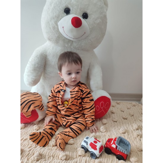 3-6-9-12 Ay Pooh Desenli Zebra Çizgili Şapkalı Sweatli 3lü Kız Erkek Bebek Tulumu(sarı)