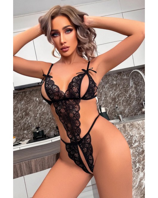 Özel Bölgesi Açık Dantelli Siyah Fantazi Babydoll TM1309