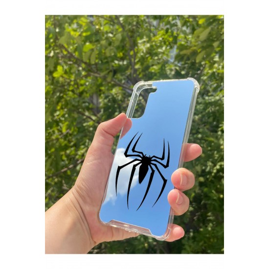 Samsung S21 Plus Uyumlu Aynalı Spider Desenli Darbe Kamera Korumalı Silikon Telefon Kılıfı