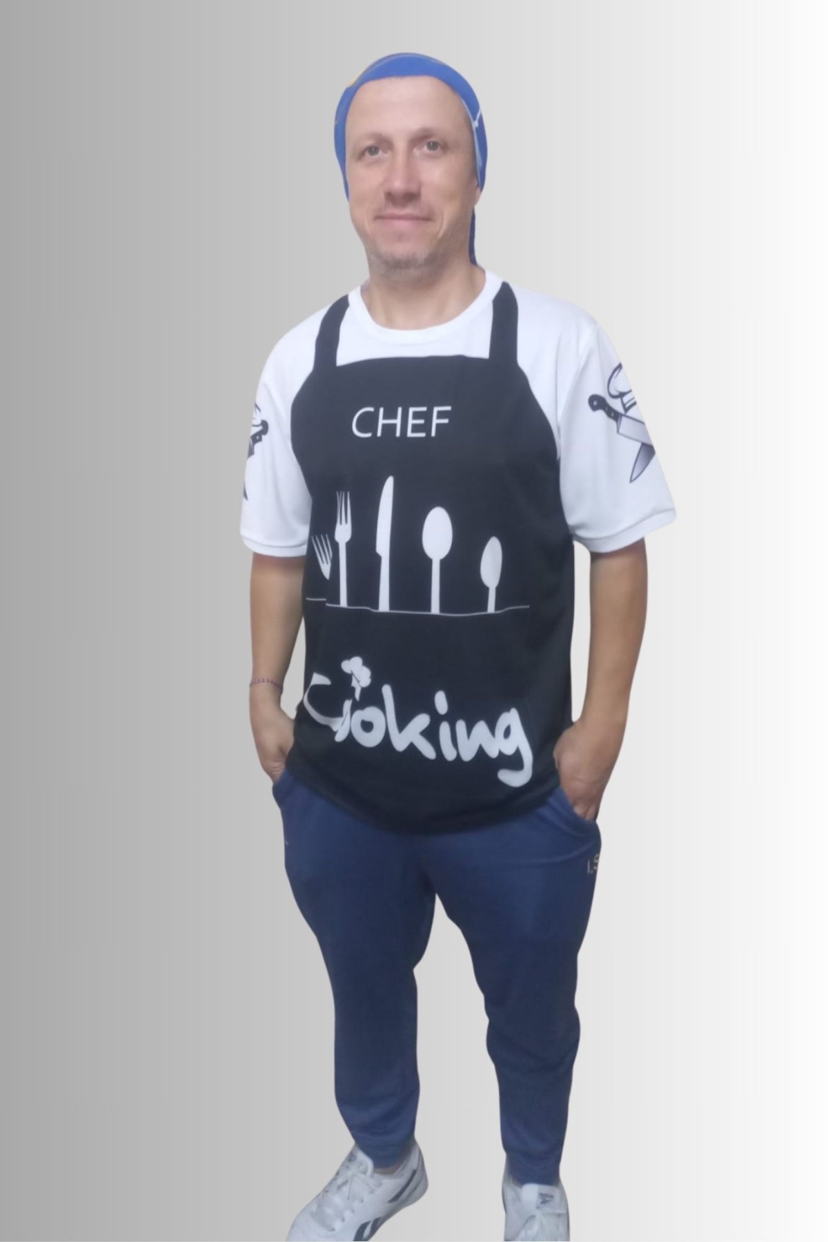 Erkek T-Shirt Chef Cooking Önlük Baskılı Siyah (Kesik Elyaf Kumaş)