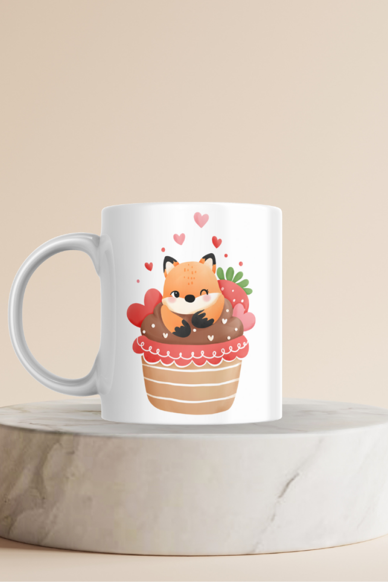 Cupcake Tilki Desenli Hediyelik Seramik 350 Ml Kupa Bardak