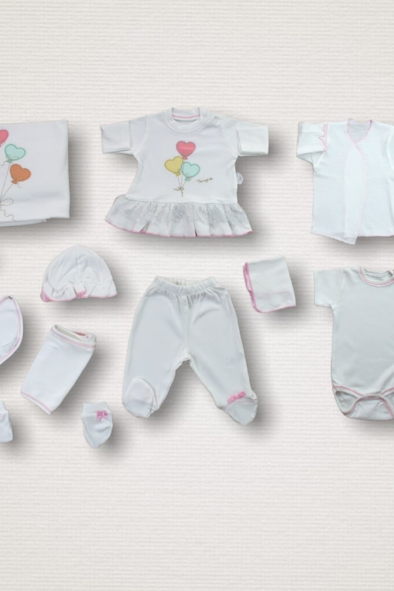 Kalpli Uçan Balon Nakışlı %100 Cotton Antibakteriyel 10lu Zıbın Takımı Hastane Çıkışı