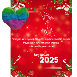 Yeni Yıl 2025 Kart Üzerinde Anahtarlık (Kişiye Özel Yazı Yazdırılabilir) Renkli Kalp 5 Adet