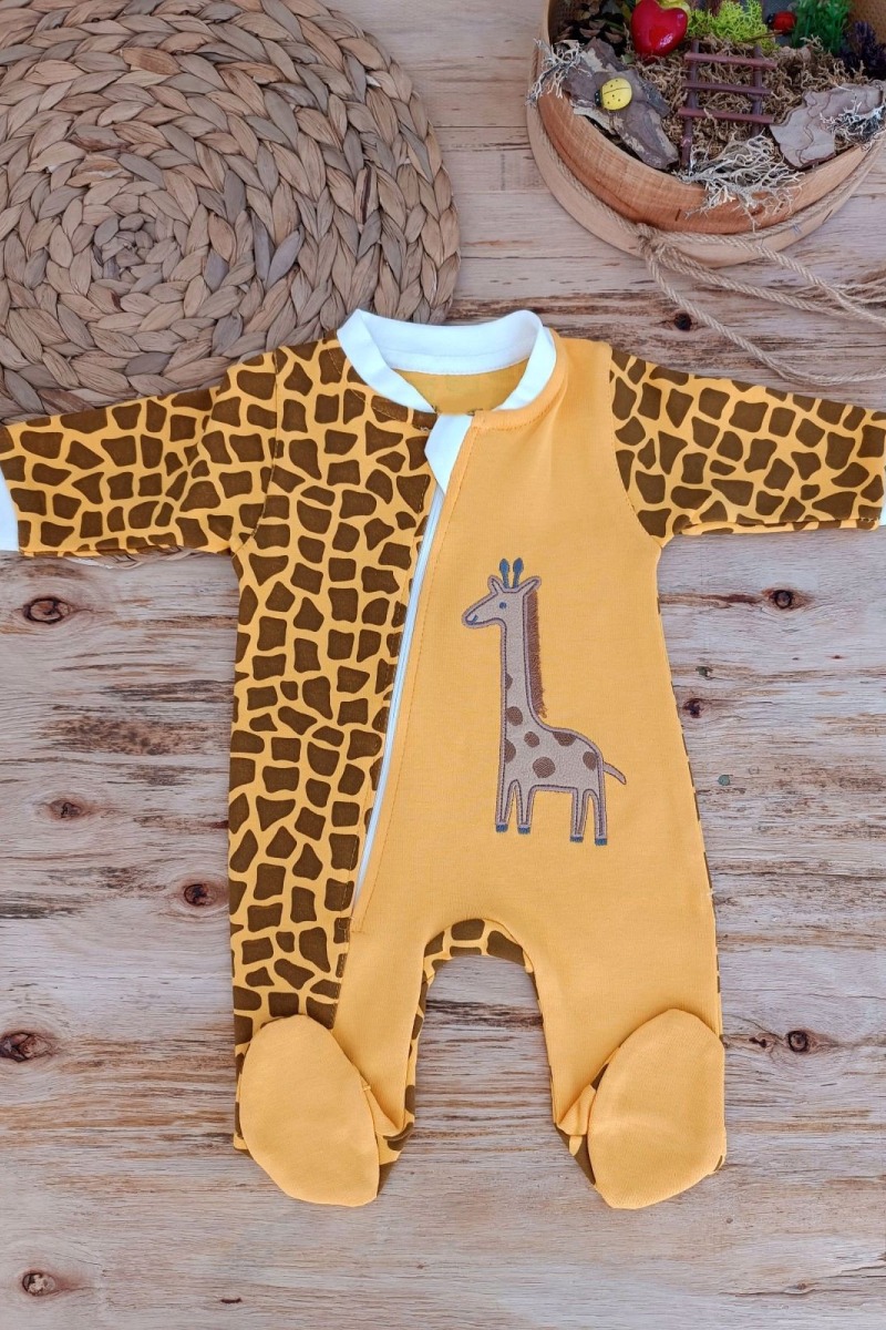 0-3 3-6 Ay Boy Fermuar Zürafa Nakışlı Kız Erkek Bebek Tulum