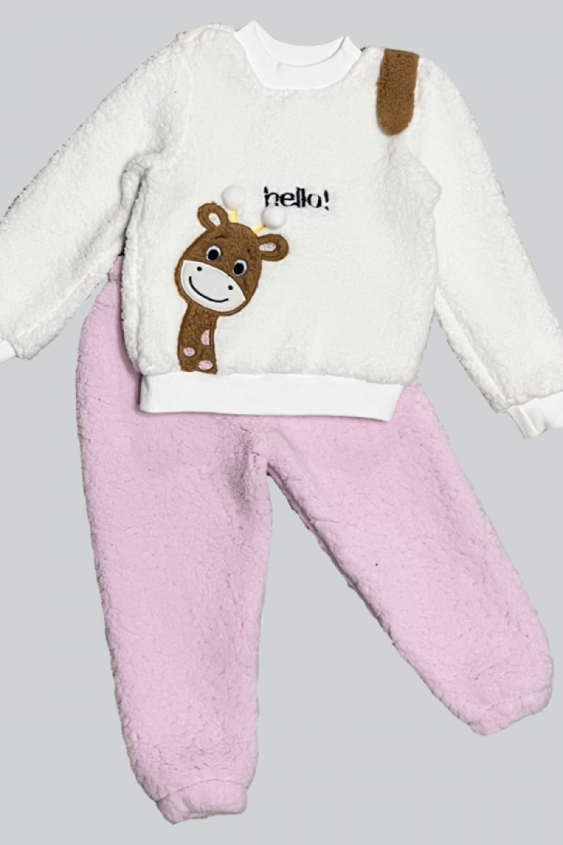 1-2-3 Yaş Hello Zürafa Nakışlı Kuzu Kumaş Sweat Pantolon Uzun Kollu Kız Erkek 2 Li Takımı