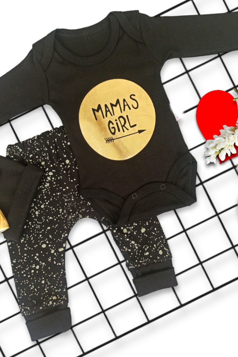 3 Ay Fiyonklu Şapkalı Mamas Girl Baskılı Uzun Kollu 3lü Kız Bebek Takımı