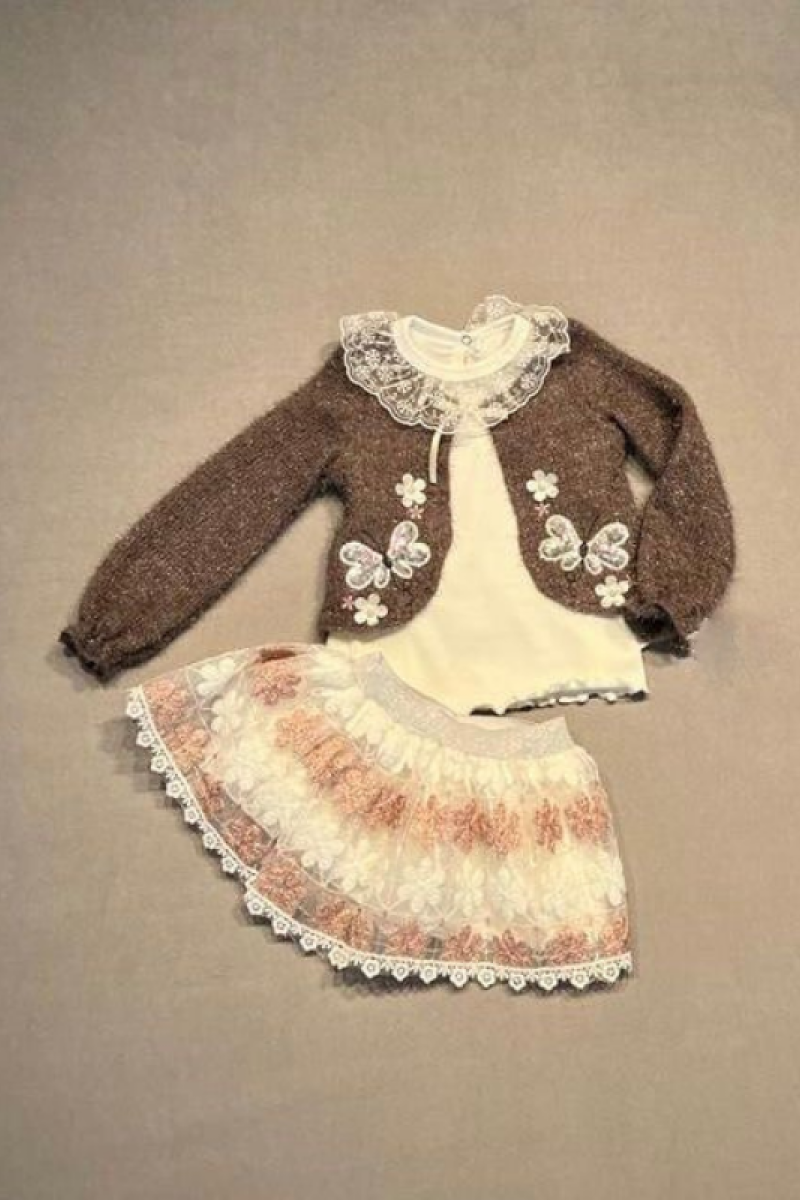 1-2-3 Yaş Brode Etekli Örme Hırkalı Uzun Kollu Sweat 3lü Kız Çocuk Takımı