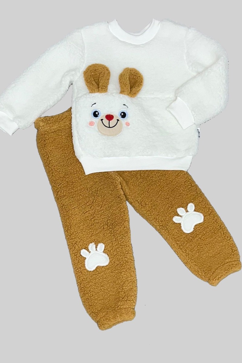 1-2-3 Yaş Kulaklı Patili Ayıcık Kuzu Kumaş Sweat Patili Pantolon Uzun Kollu Kız Erkek 2 Li Takımı