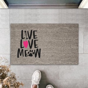 Dijital Baskı Gri Pembe Kalpli Kılçıklı Love Meow Dekoratif Kapı Paspası K-2047