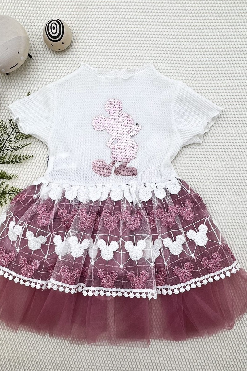 1-2-3 Yaş Payetli Mickey Baskılı Brode Etekli Kız Bebek Elbisesi