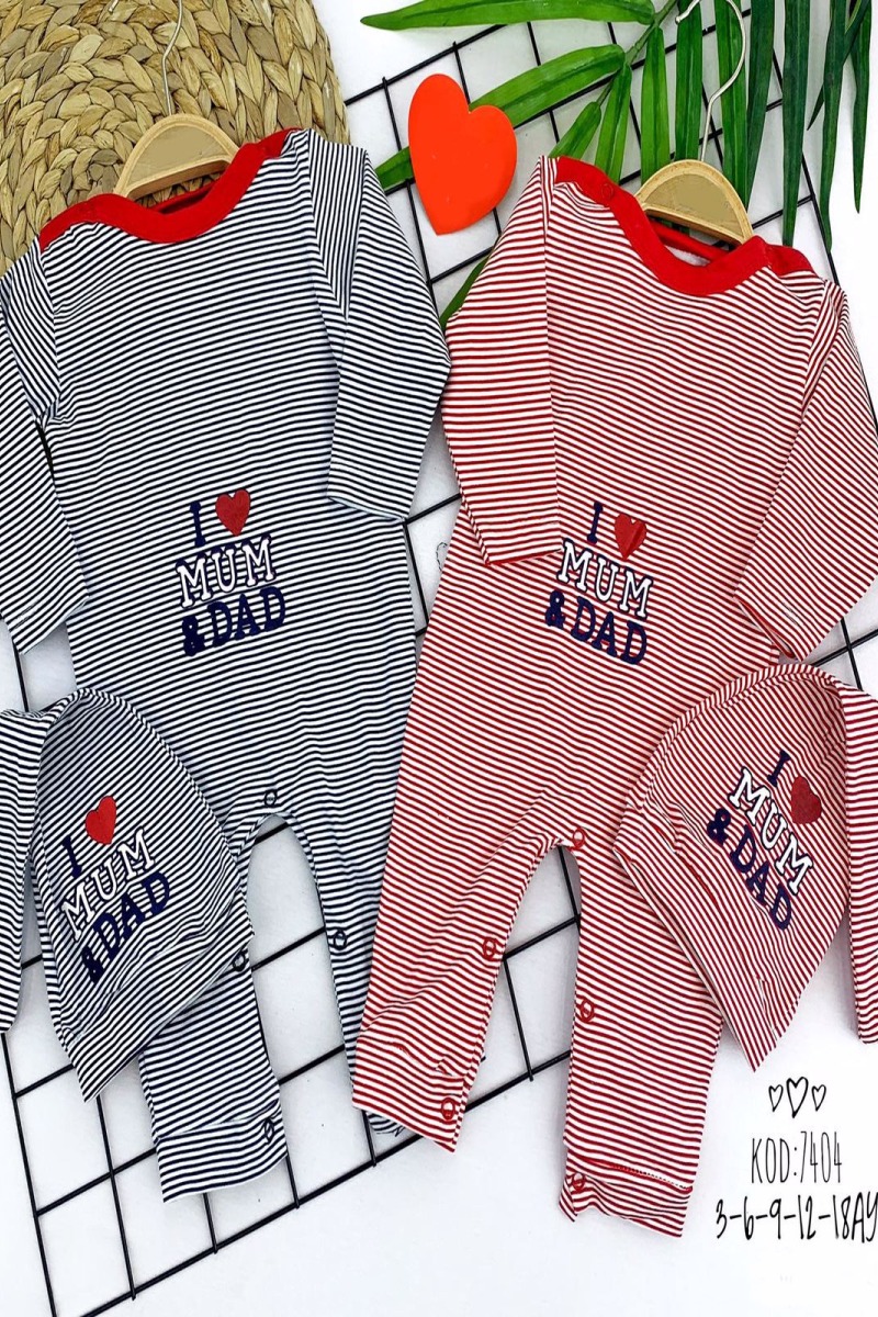 3-6-9-12-18 Ay Kuyruklu Şapkalı Melanjlı I Love Mum&dad Yazılı Uzun Kollu Kız Erkek Bebek Tulumu