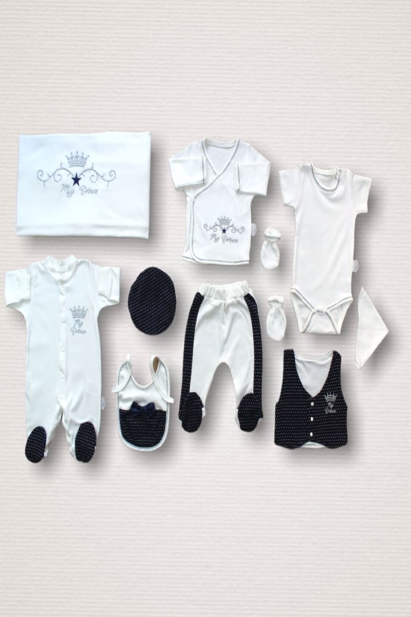 Süper Prens Nakışlı %100 Cotton Antibakteriyel 10lu Zıbın Takımı Hastane Çıkışı