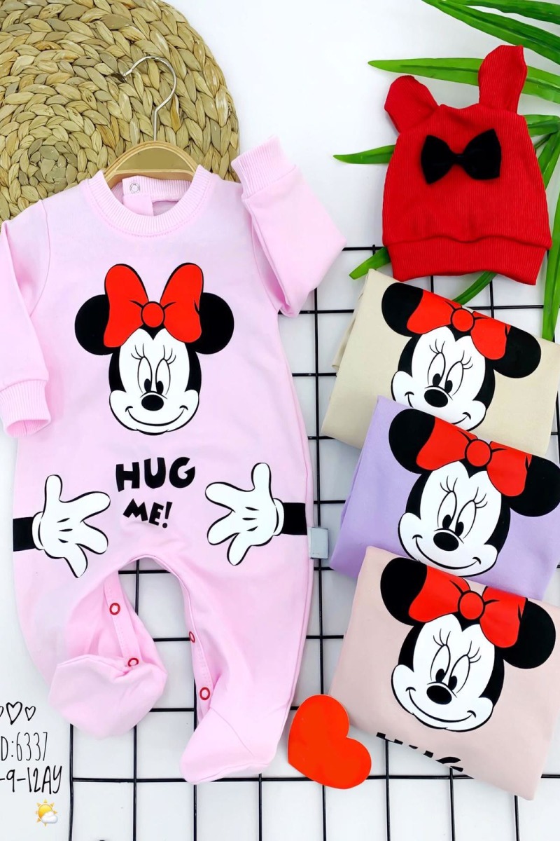 3-6-9-12 Ay Mickey Baskılı Kulaklı Şapka Uzun Kollu Kız Erkek Bebek Tulumu