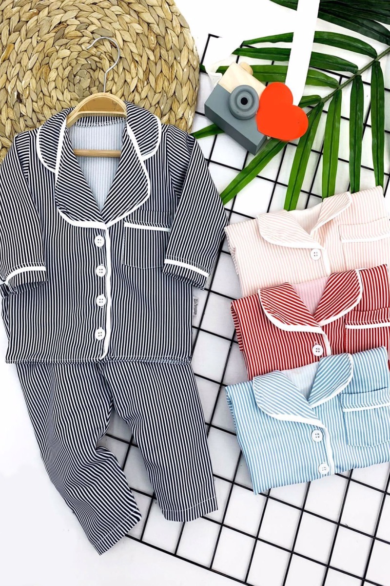 9-12-18-24 Ay Çizgili Düğme Kapamalı 2li Kız Erkek Bebek Pijama Takımı