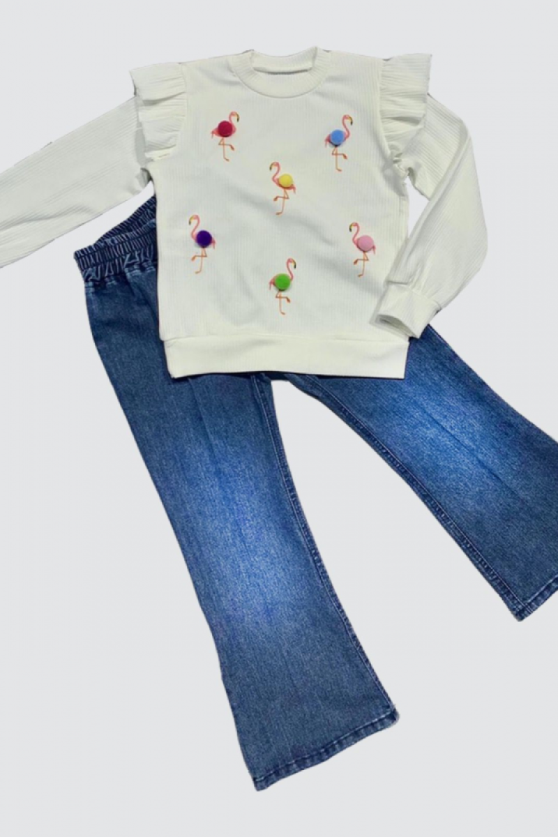 4-5-6 Yaş Kot Pantolonlu Flamingo Desenli Penye Sweat Uzun Kollu 2li Kız Çocuk Takımı